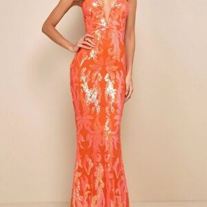 Elegant Orange Sequin Evening Gown